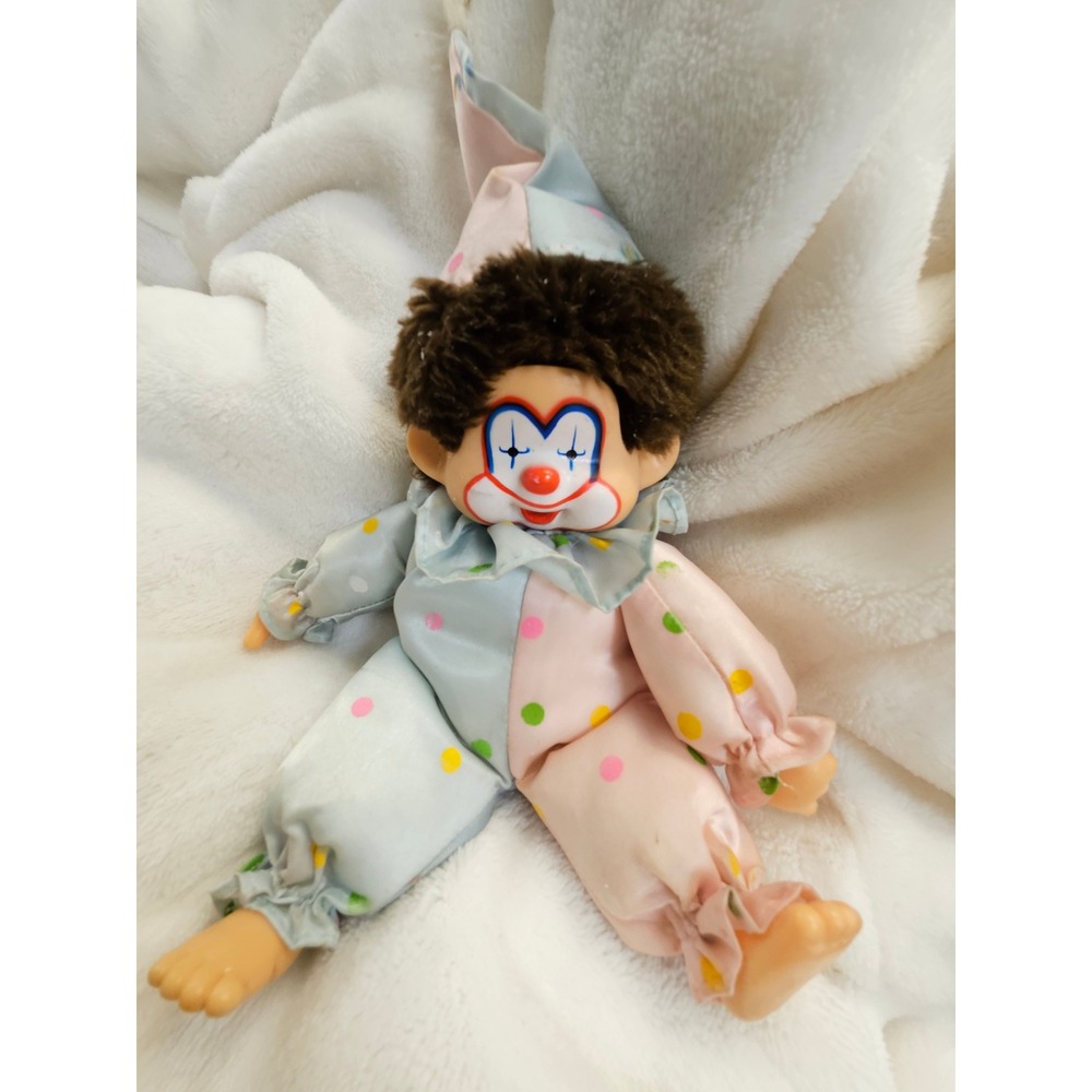 Vintage California Stuffed Toys Corky Clown Vinyl Face Plush Polka Dot Pastel